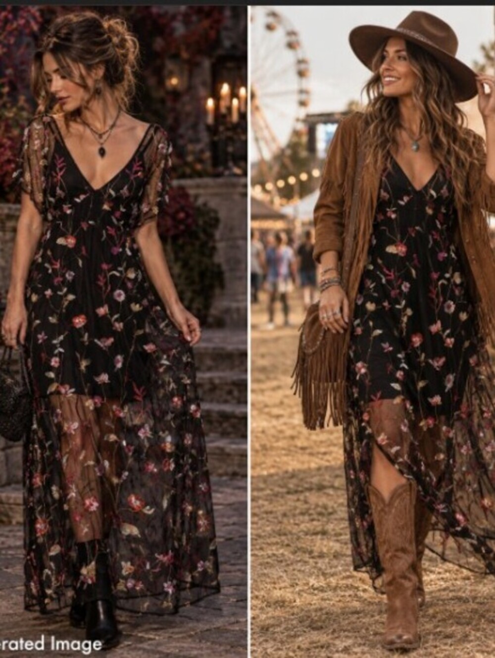 Black Embroidered Floral Mesh Maxi Dress Boho Evening Dance & Marvel